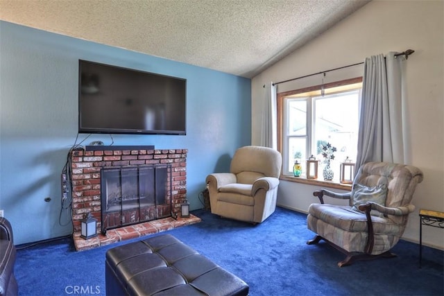 3012 Homer Cir, Jurupa Valley, CA 91752 - living room with vaulted ceiling, a textured ceiling, carpet flooring, and a fireplace