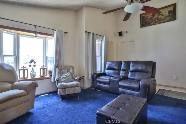 3012 Homer Cir, Jurupa Valley, CA 91752 - carpeted living room with ceiling fan and high vaulted ceiling
