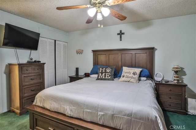 3012 Homer Cir, Jurupa Valley, CA 91752 - bedroom with carpet floors, a textured ceiling, a closet, and a ceiling fan