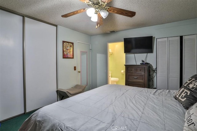 3012 Homer Cir, Jurupa Valley, CA 91752 - bedroom featuring a textured ceiling, carpet flooring, ceiling fan, and connected bathroom