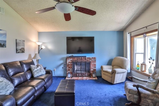 3012 Homer Cir, Jurupa Valley, CA 91752 - carpeted living room with vaulted ceiling, a textured ceiling, a ceiling fan, and a fireplace