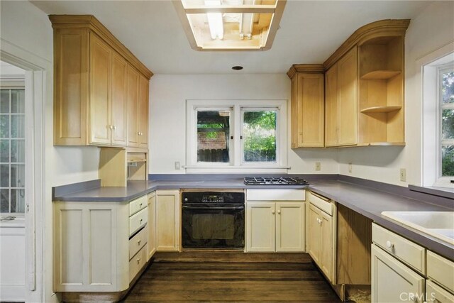 915 Poplar St, Chico, CA 95928 - kitchen featuring oven, open shelves, dark wood-style floors, stainless steel gas cooktop, and dark countertops