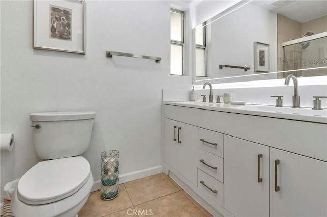 2230 N Volturno Rd, Palm Springs, CA 92262 - full bathroom with toilet, double vanity, a shower with shower door, tile patterned floors, and baseboards