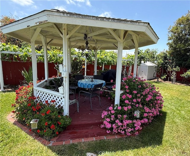 8730 Twin Trails Dr, San Diego, CA 92129 - wooden terrace with a storage unit and a gazebo