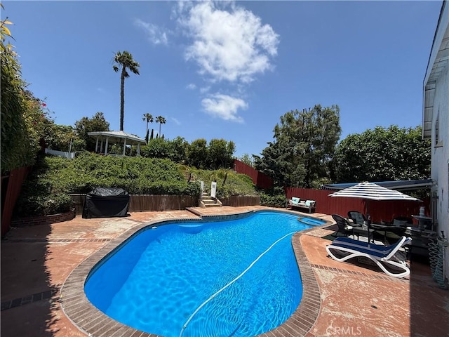 8730 Twin Trails Dr, San Diego, CA 92129 - view of pool with a fenced backyard, a patio, and grilling area