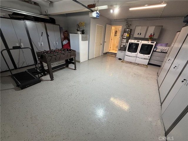 8730 Twin Trails Dr, San Diego, CA 92129 - garage with washing machine and dryer, water heater, and a garage door opener