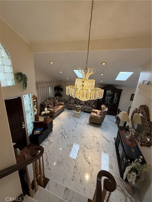 8730 Twin Trails Dr, San Diego, CA 92129 - dining space with marble tiled floors, recessed lighting, a skylight, and a chandelier