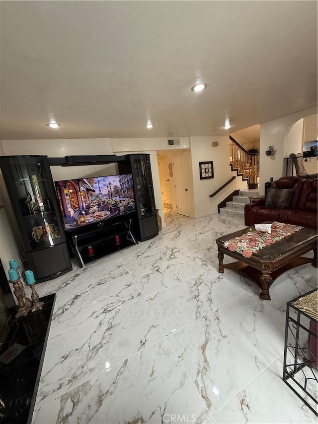 8730 Twin Trails Dr, San Diego, CA 92129 - living room featuring stairs, recessed lighting, and marble finish floors