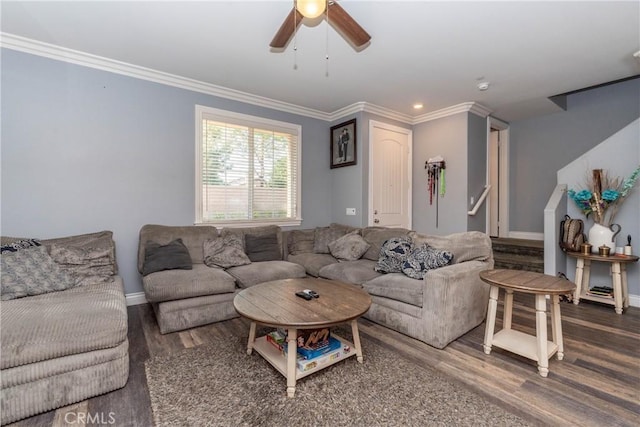 2038 Mesquite Ln, Colton, CA 92324 - living room with wood finished floors, ceiling fan, crown molding, baseboards, and stairs