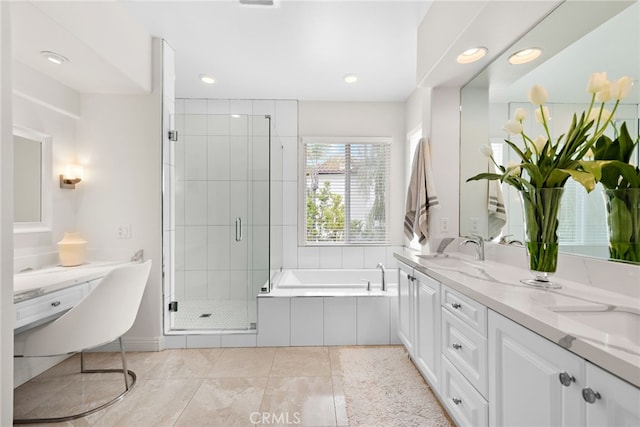 38 Via Sonrisa, San Clemente, CA 92673 - full bathroom with a garden tub, double vanity, a stall shower, recessed lighting, and tile patterned floors
