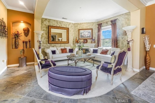 889 Highridge St, Riverside, CA 92506 - living room featuring baseboards, crown molding, and stone finish flooring