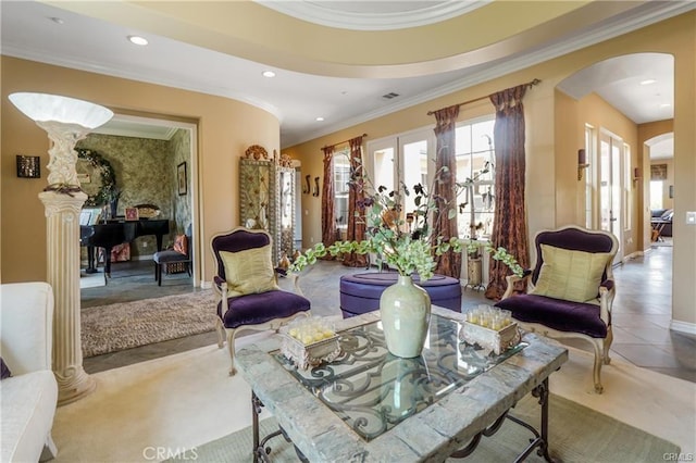 889 Highridge St, Riverside, CA 92506 - living room with arched walkways, ornamental molding, and recessed lighting
