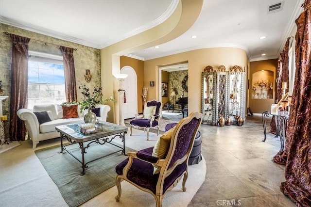 889 Highridge St, Riverside, CA 92506 - living room with ornamental molding, arched walkways, recessed lighting, and baseboards
