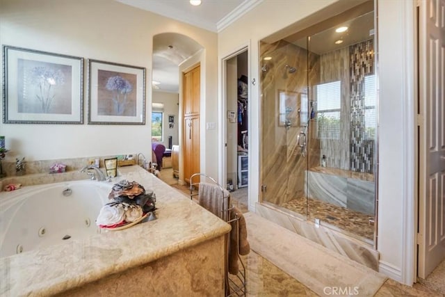 889 Highridge St, Riverside, CA 92506 - full bathroom with a shower stall, a whirlpool tub, crown molding, and recessed lighting