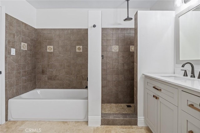 16801 Nordhoff St, Northridge, CA 91343 - bathroom with a tile shower, vanity, a bath, and tile patterned flooring