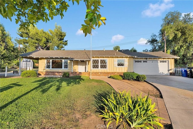 11777 Preston Ln, Yucaipa, CA 92399 - ranch-style home featuring concrete driveway, brick siding, an attached garage, board and batten siding, and roof with shingles