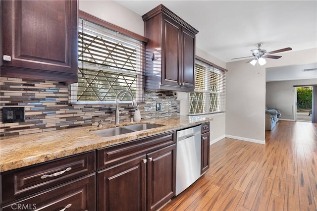 11777 Preston Ln, Yucaipa, CA 92399 - kitchen with dishwasher, ceiling fan, backsplash, and light wood-style flooring