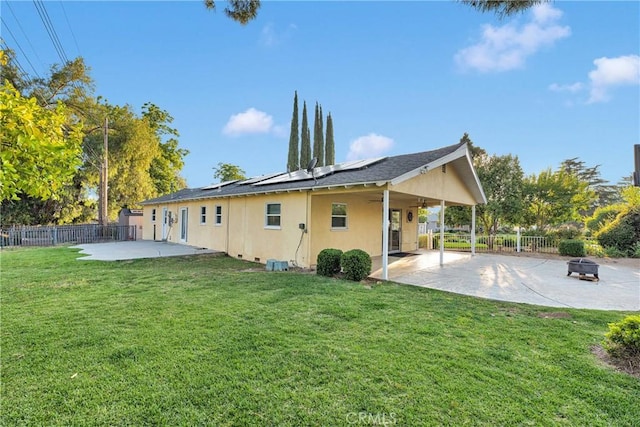11777 Preston Ln, Yucaipa, CA 92399 - rear view of house featuring a patio area, solar panels, an outdoor fire pit, a fenced backyard, and stucco siding