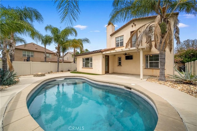 46239 Lone Pine Dr, Temecula, CA 92592 - view of swimming pool featuring a ceiling fan, a fenced backyard, and a patio area