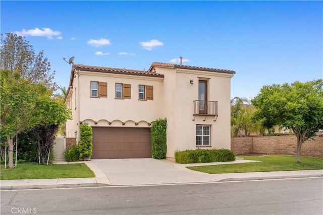 46239 Lone Pine Dr, Temecula, CA 92592 - mediterranean / spanish-style house featuring a balcony, driveway, a garage, stucco siding, and a tiled roof