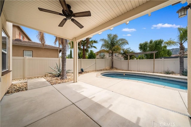 46239 Lone Pine Dr, Temecula, CA 92592 - view of pool with a patio, ceiling fan, and a fenced backyard