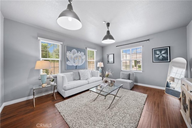 46239 Lone Pine Dr, Temecula, CA 92592 - living room featuring dark wood-type flooring, plenty of natural light, baseboards, and a textured ceiling