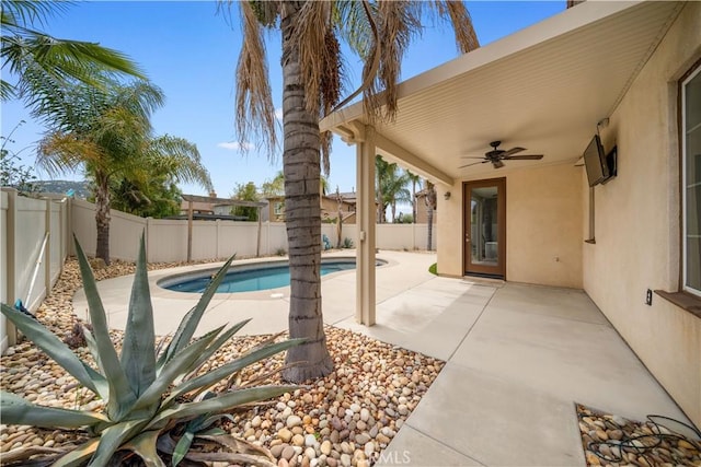 46239 Lone Pine Dr, Temecula, CA 92592 - view of pool featuring ceiling fan, a fenced backyard, and a patio