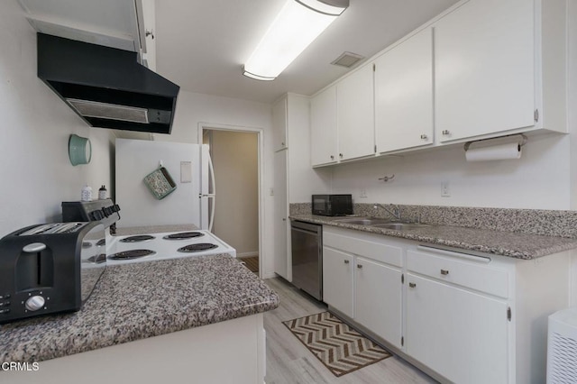 3700 Dean Dr Unit 1805, Ventura, CA 93003 - kitchen featuring stainless steel dishwasher, wall chimney range hood, freestanding refrigerator, a sink, and light wood-style flooring