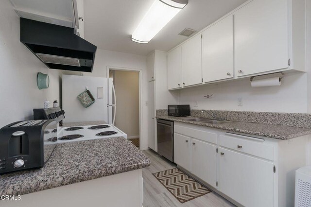 3700 Dean Dr Unit 1805, Ventura, CA 93003 - kitchen featuring white appliances, wall chimney range hood, light wood finished floors, and white cabinets