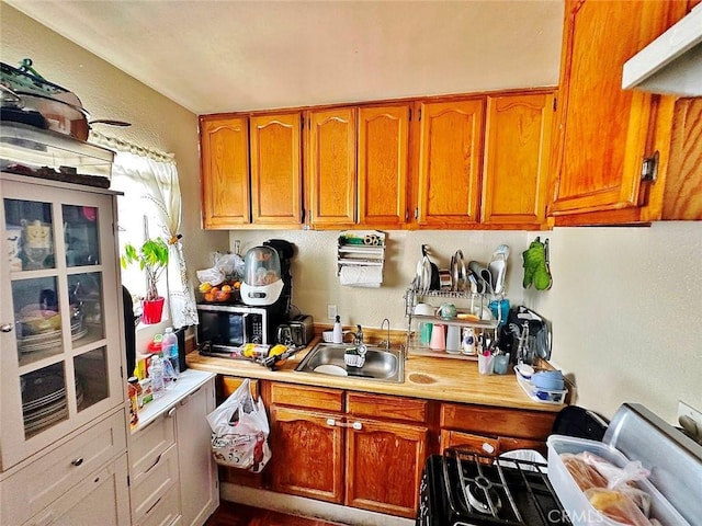 1136 Arapahoe St, Los Angeles, CA 90006 - kitchen with a sink, light countertops, stainless steel microwave, brown cabinets, and a textured wall