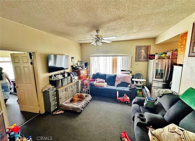1136 Arapahoe St, Los Angeles, CA 90006 - living room with healthy amount of natural light, a textured ceiling, a ceiling fan, and dark carpet