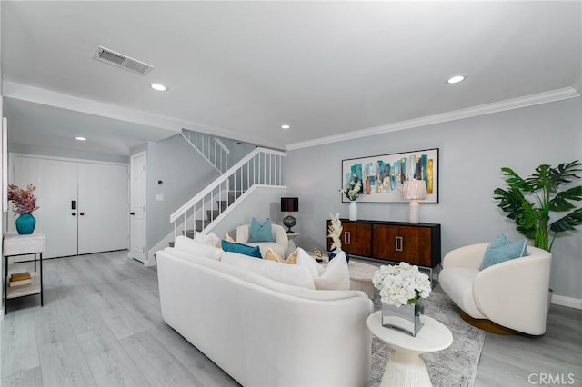 23064 Paseo De Terrado Unit 2, Diamond Bar, CA 91765 - living area featuring stairway, light wood-style floors, recessed lighting, ornamental molding, and baseboards