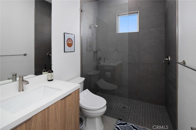 5890 Olema Rd, Yucca Valley, CA 92284 - full bathroom featuring tiled shower, toilet, vanity, and tile patterned floors