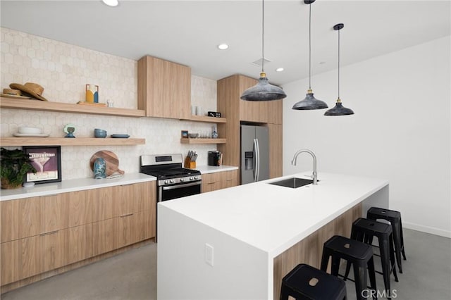 5890 Olema Rd, Yucca Valley, CA 92284 - kitchen with appliances with stainless steel finishes, a sink, open shelves, modern cabinets, and recessed lighting