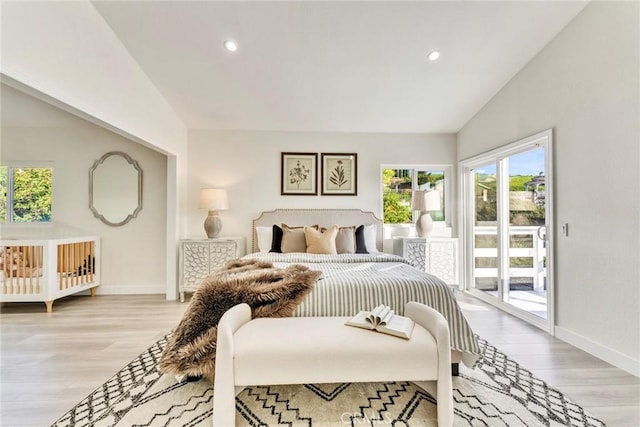 2563 Pepperdale Dr, Rowland Heights, CA 91748 - bedroom with baseboards, access to outside, light wood-style flooring, recessed lighting, and high vaulted ceiling