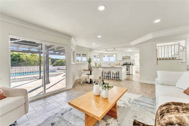2563 Pepperdale Dr, Rowland Heights, CA 91748 - living area featuring ornamental molding, recessed lighting, baseboards, stone tile floors, and stairs