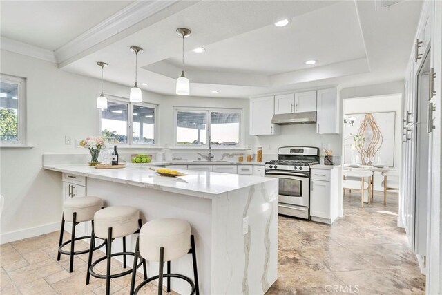 2563 Pepperdale Dr, Rowland Heights, CA 91748 - kitchen with stainless steel range with gas stovetop, under cabinet range hood, a kitchen bar, a sink, and a tray ceiling