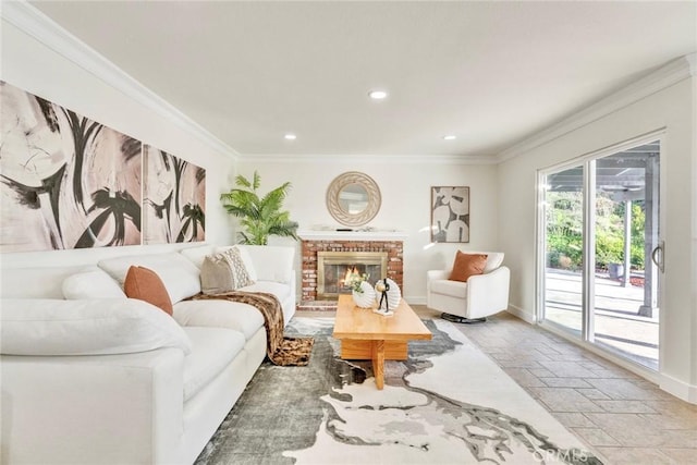 2563 Pepperdale Dr, Rowland Heights, CA 91748 - living room with crown molding, stone tile floors, recessed lighting, baseboards, and a fireplace