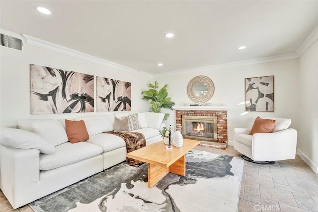 2563 Pepperdale Dr, Rowland Heights, CA 91748 - living area with crown molding, a brick fireplace, recessed lighting, baseboards, and light stone finish flooring