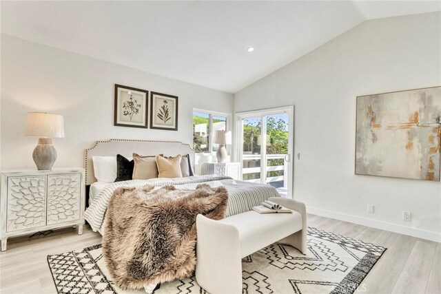 2563 Pepperdale Dr, Rowland Heights, CA 91748 - bedroom with access to exterior, light wood-style floors, high vaulted ceiling, baseboards, and recessed lighting