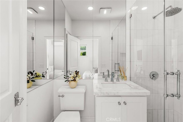 5 Modesto, Irvine, CA 92602 - full bath featuring vanity, a stall shower, toilet, and recessed lighting