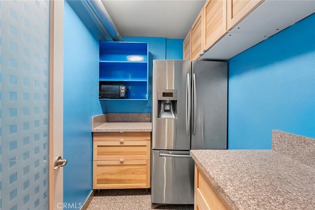 801 Box Canyon Rd, Canoga Park, CA 91304 - kitchen featuring stainless steel refrigerator with ice dispenser, light countertops, and light brown cabinetry