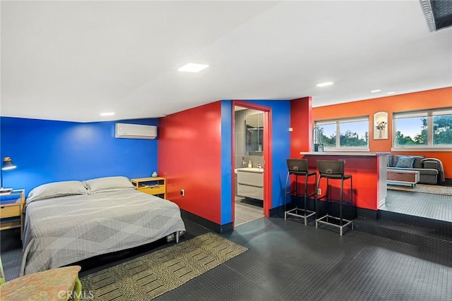 801 Box Canyon Rd, Canoga Park, CA 91304 - bedroom with a wall mounted AC, baseboards, a bar, recessed lighting, and connected bathroom