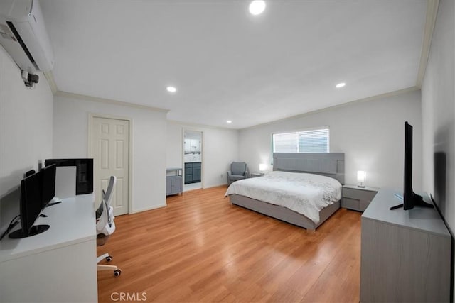 15510 Midcrest Dr, Whittier, CA 90604 - bedroom featuring an AC wall unit, ornamental molding, light wood-style flooring, recessed lighting, and an office area