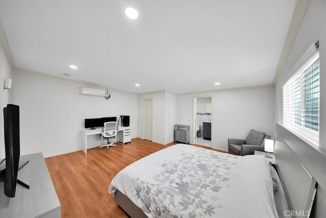 15510 Midcrest Dr, Whittier, CA 90604 - bedroom featuring an office area, ornamental molding, wood finished floors, recessed lighting, and a wall mounted air conditioner