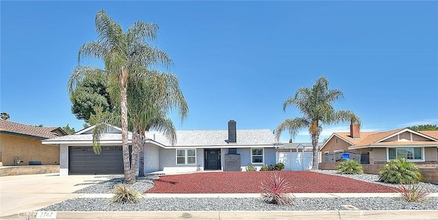 7747 Onyx Ave, Rancho Cucamonga, CA 91730 - ranch-style house with an attached garage, concrete driveway, stucco siding, and a chimney