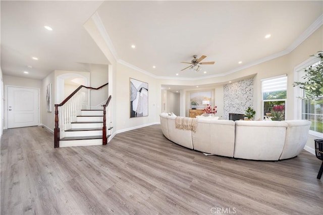 2122 Meteora Way, Rowland Heights, CA 91748 - living area featuring stairs, ornamental molding, recessed lighting, wood finished floors, and baseboards