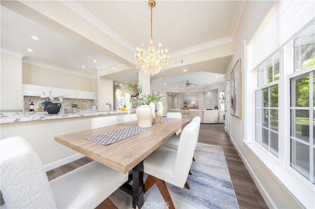 2122 Meteora Way, Rowland Heights, CA 91748 - dining area featuring a chandelier, healthy amount of natural light, ornamental molding, dark wood-type flooring, and recessed lighting