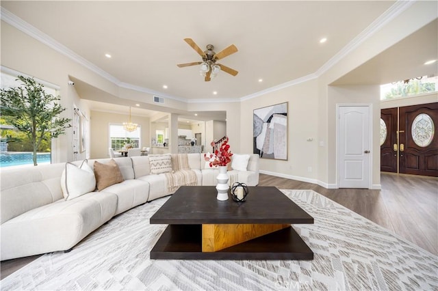 2122 Meteora Way, Rowland Heights, CA 91748 - living area featuring a ceiling fan, wood finished floors, ornamental molding, recessed lighting, and a chandelier