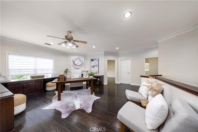 2122 Meteora Way, Rowland Heights, CA 91748 - office space featuring a ceiling fan, crown molding, recessed lighting, and dark wood-style flooring
